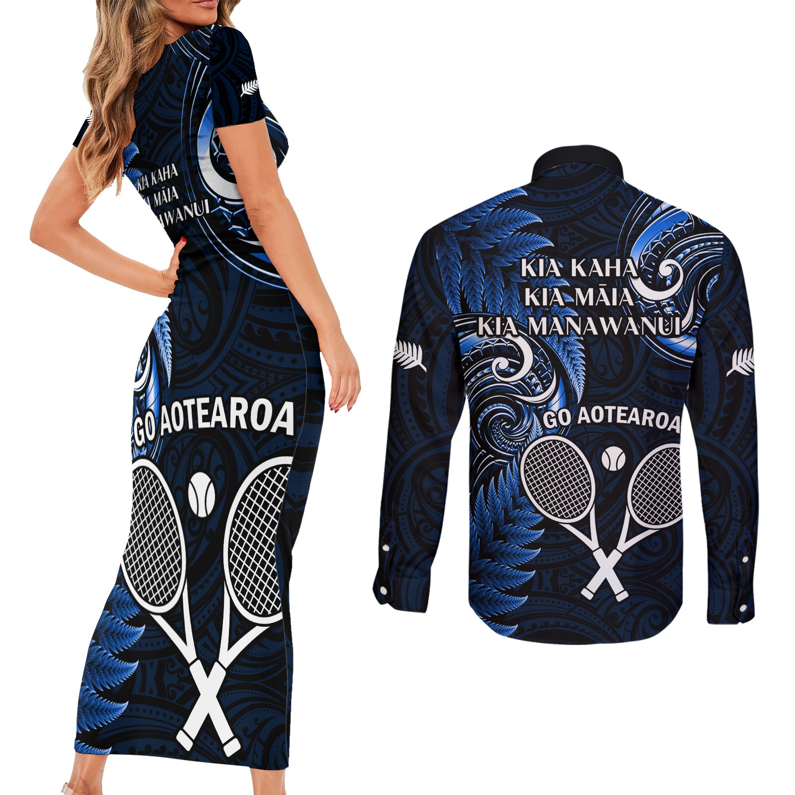 New Zealand Tiki Tennis Couples Matching Short Sleeve Bodycon Dress and Long Sleeve Button Shirt 2024 Aotearoa Tenehi Maori Silver Fern - Blue