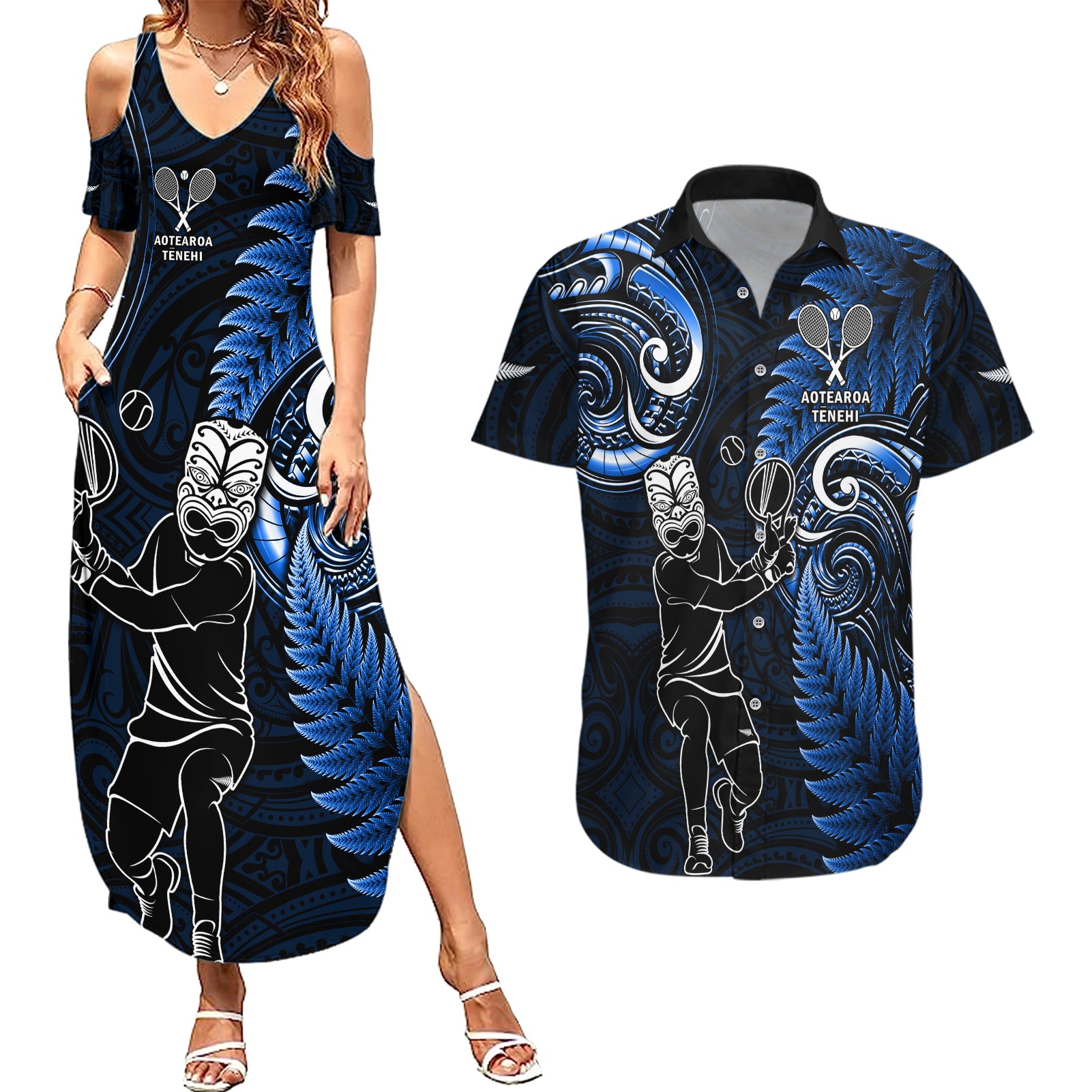 New Zealand Tiki Tennis Couples Matching Summer Maxi Dress and Hawaiian Shirt 2024 Aotearoa Tenehi Maori Silver Fern - Blue