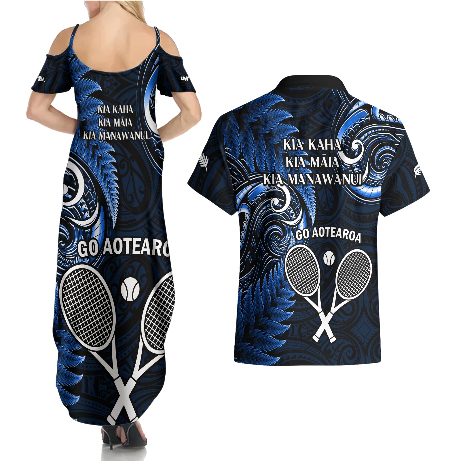 New Zealand Tiki Tennis Couples Matching Summer Maxi Dress and Hawaiian Shirt 2024 Aotearoa Tenehi Maori Silver Fern - Blue