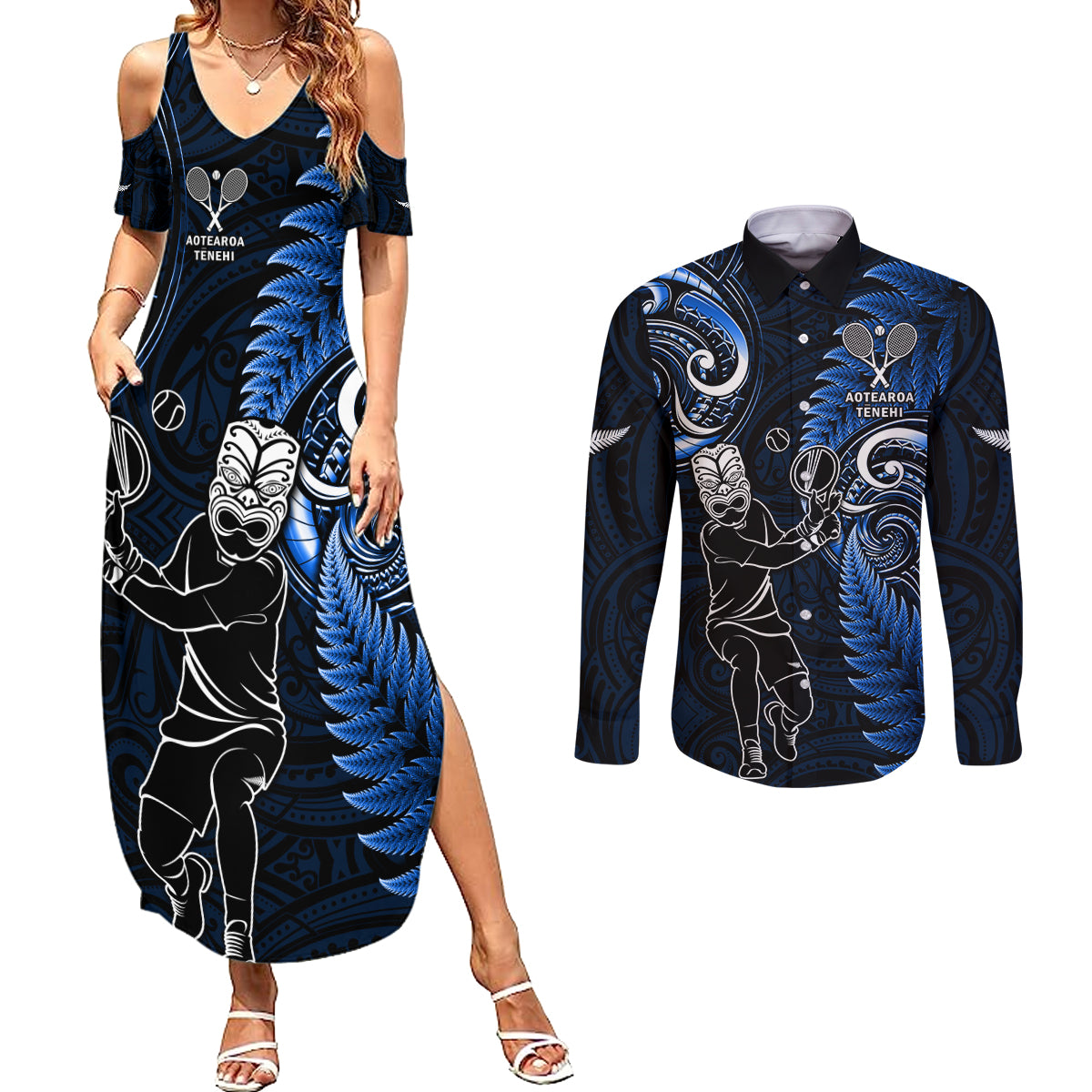 New Zealand Tiki Tennis Couples Matching Summer Maxi Dress and Long Sleeve Button Shirt 2024 Aotearoa Tenehi Maori Silver Fern - Blue