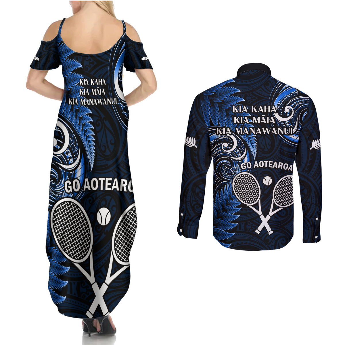 New Zealand Tiki Tennis Couples Matching Summer Maxi Dress and Long Sleeve Button Shirt 2024 Aotearoa Tenehi Maori Silver Fern - Blue