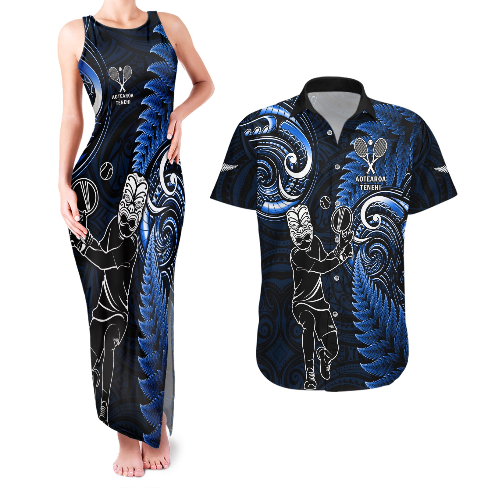 New Zealand Tiki Tennis Couples Matching Tank Maxi Dress and Hawaiian Shirt 2024 Aotearoa Tenehi Maori Silver Fern - Blue