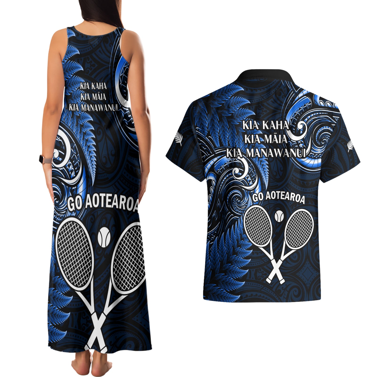 New Zealand Tiki Tennis Couples Matching Tank Maxi Dress and Hawaiian Shirt 2024 Aotearoa Tenehi Maori Silver Fern - Blue