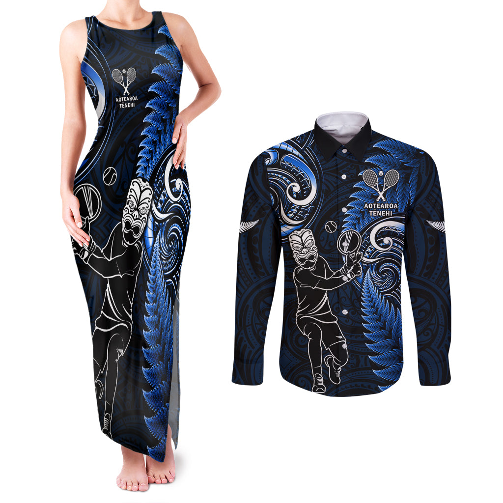 New Zealand Tiki Tennis Couples Matching Tank Maxi Dress and Long Sleeve Button Shirt 2024 Aotearoa Tenehi Maori Silver Fern - Blue