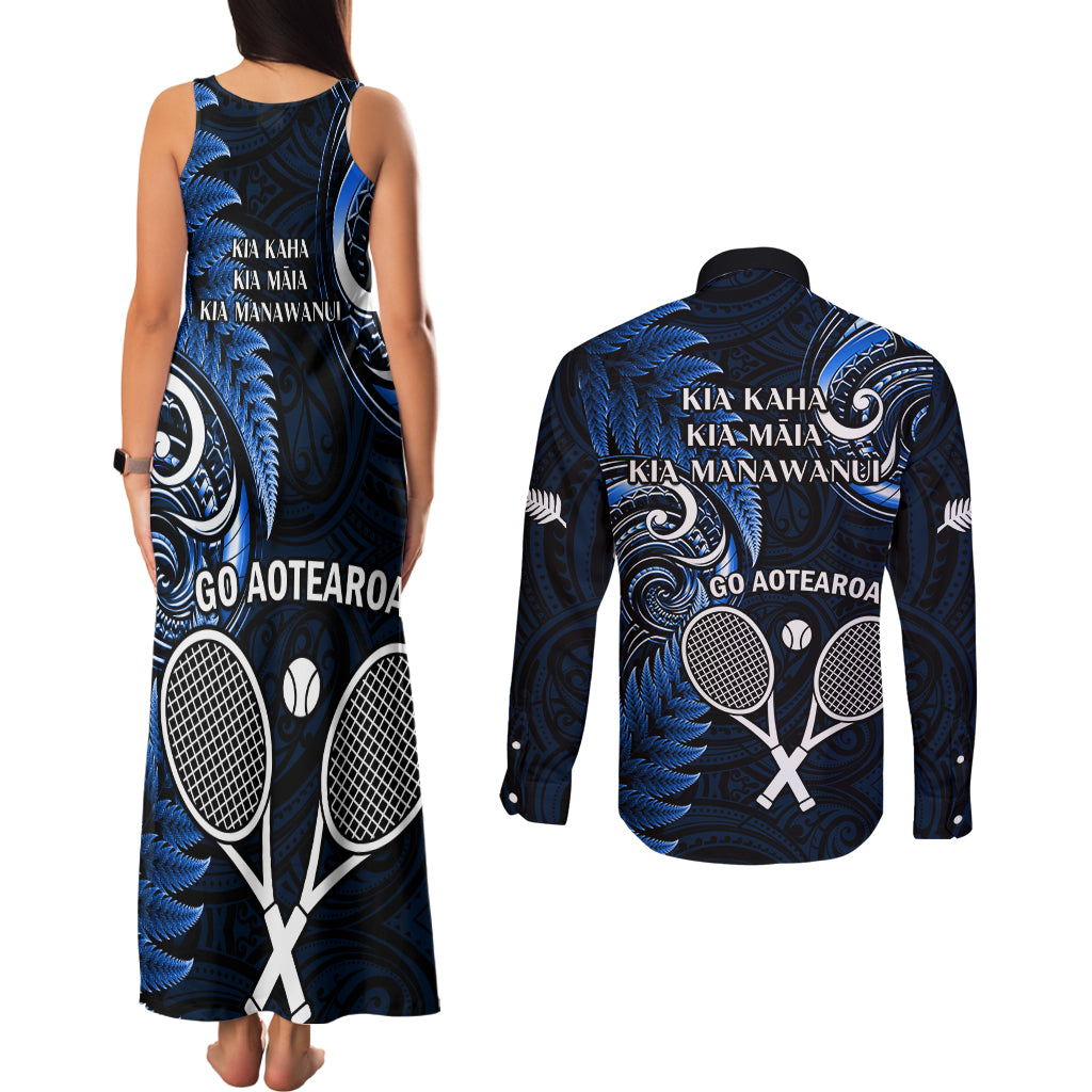 New Zealand Tiki Tennis Couples Matching Tank Maxi Dress and Long Sleeve Button Shirt 2024 Aotearoa Tenehi Maori Silver Fern - Blue