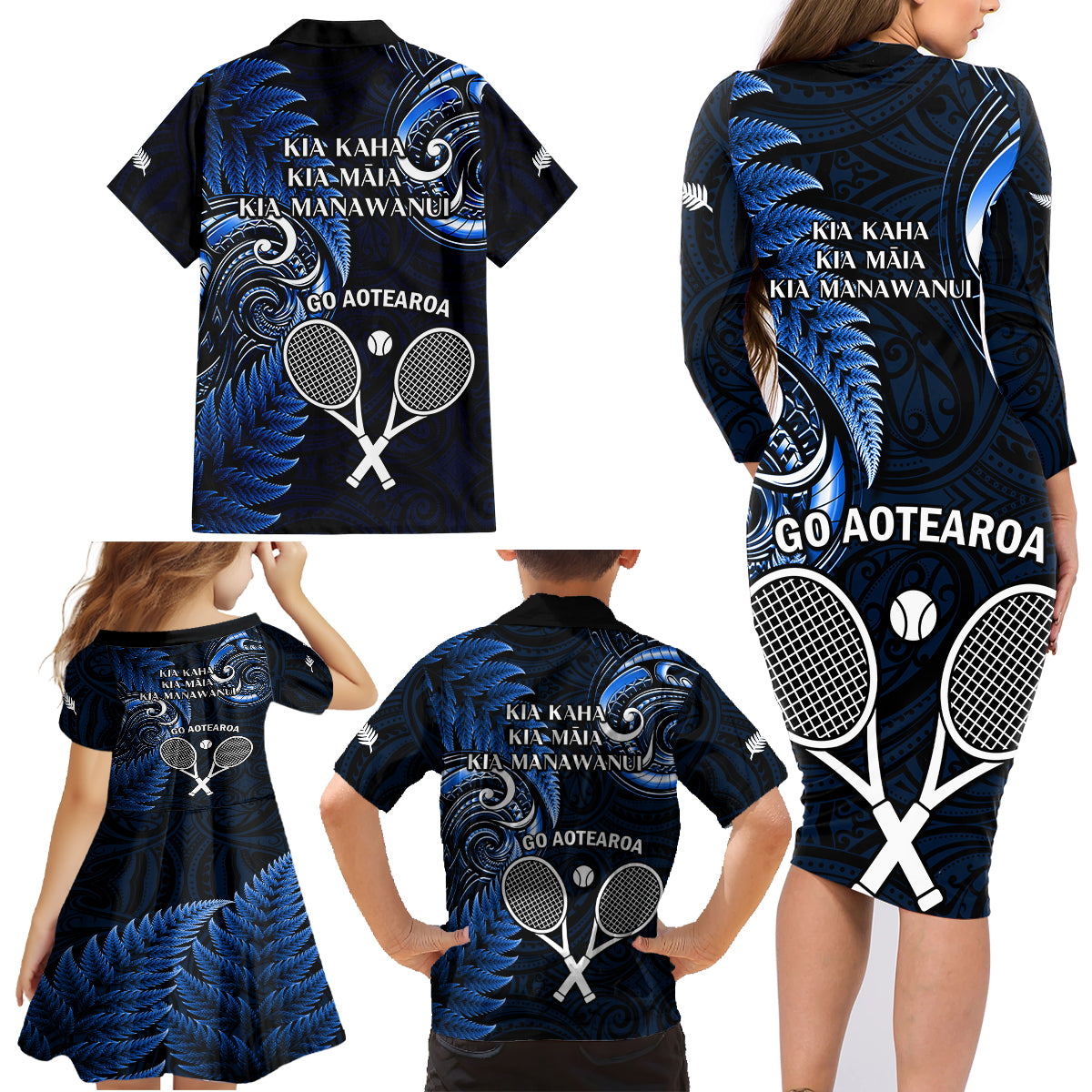 New Zealand Tiki Tennis Family Matching Long Sleeve Bodycon Dress and Hawaiian Shirt 2024 Aotearoa Tenehi Maori Silver Fern - Blue