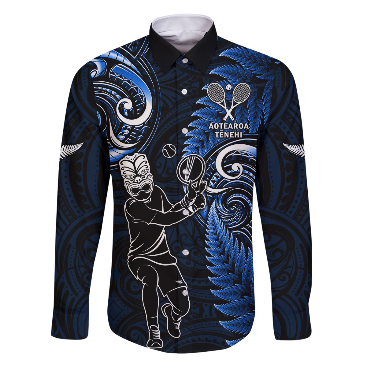 New Zealand Tiki Tennis Family Matching Long Sleeve Bodycon Dress and Hawaiian Shirt 2024 Aotearoa Tenehi Maori Silver Fern - Blue