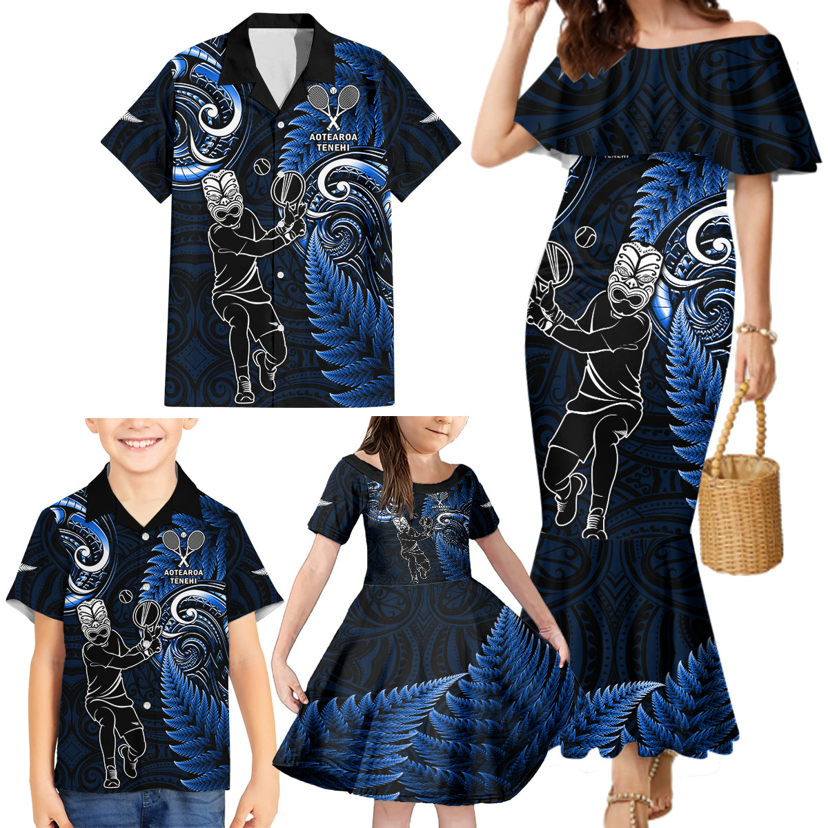 New Zealand Tiki Tennis Family Matching Mermaid Dress and Hawaiian Shirt 2024 Aotearoa Tenehi Maori Silver Fern - Blue