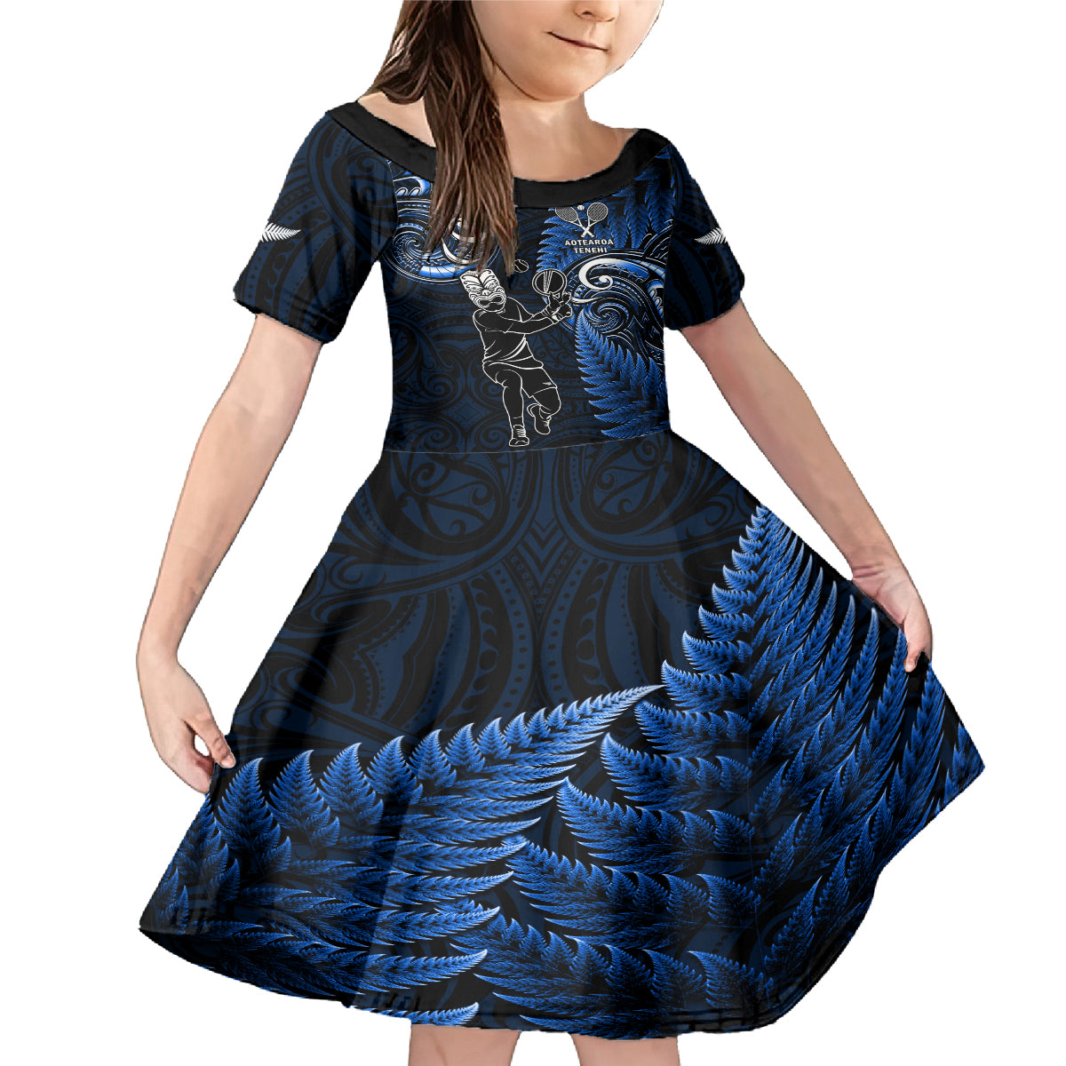 New Zealand Tiki Tennis Family Matching Mermaid Dress and Hawaiian Shirt 2024 Aotearoa Tenehi Maori Silver Fern - Blue