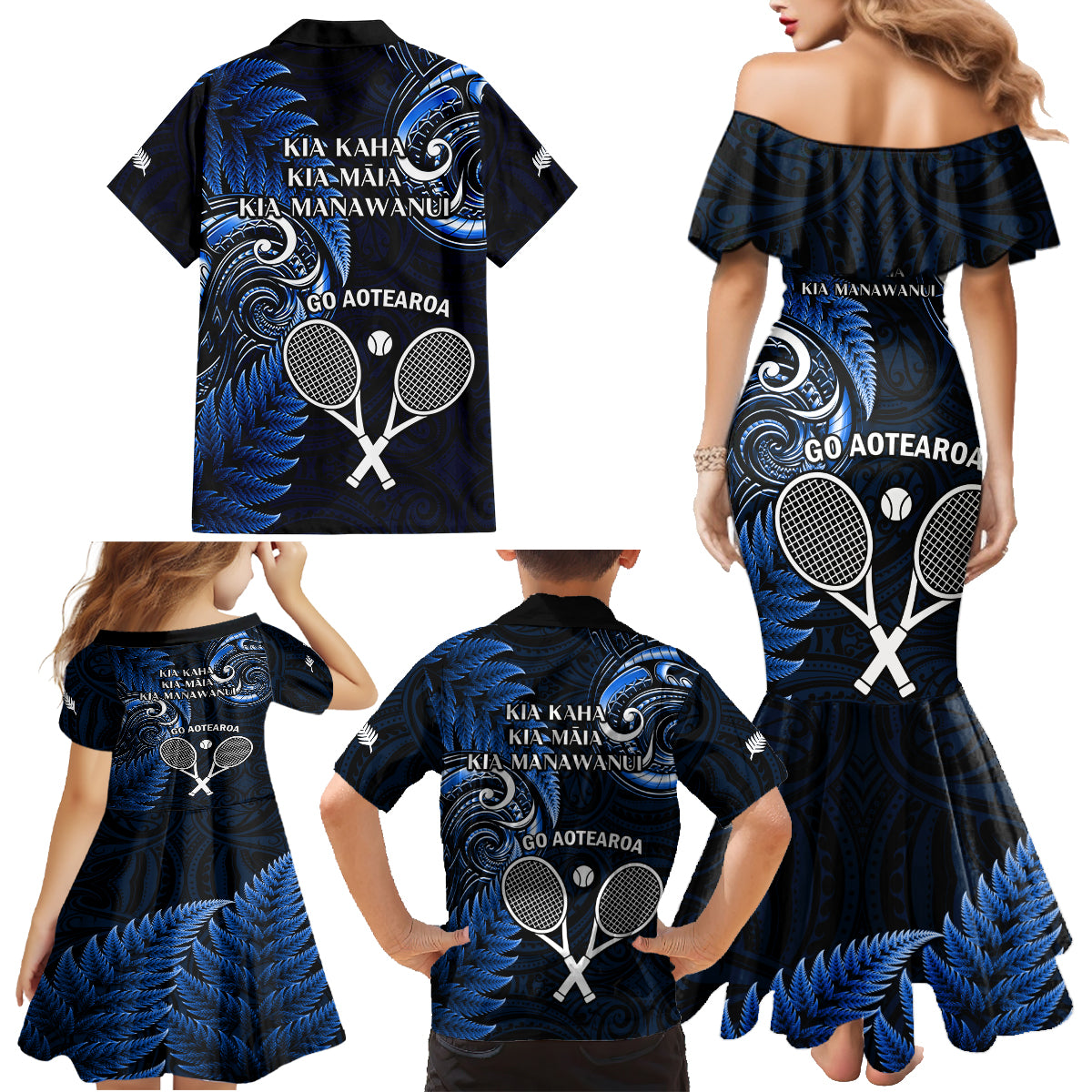 New Zealand Tiki Tennis Family Matching Mermaid Dress and Hawaiian Shirt 2024 Aotearoa Tenehi Maori Silver Fern - Blue