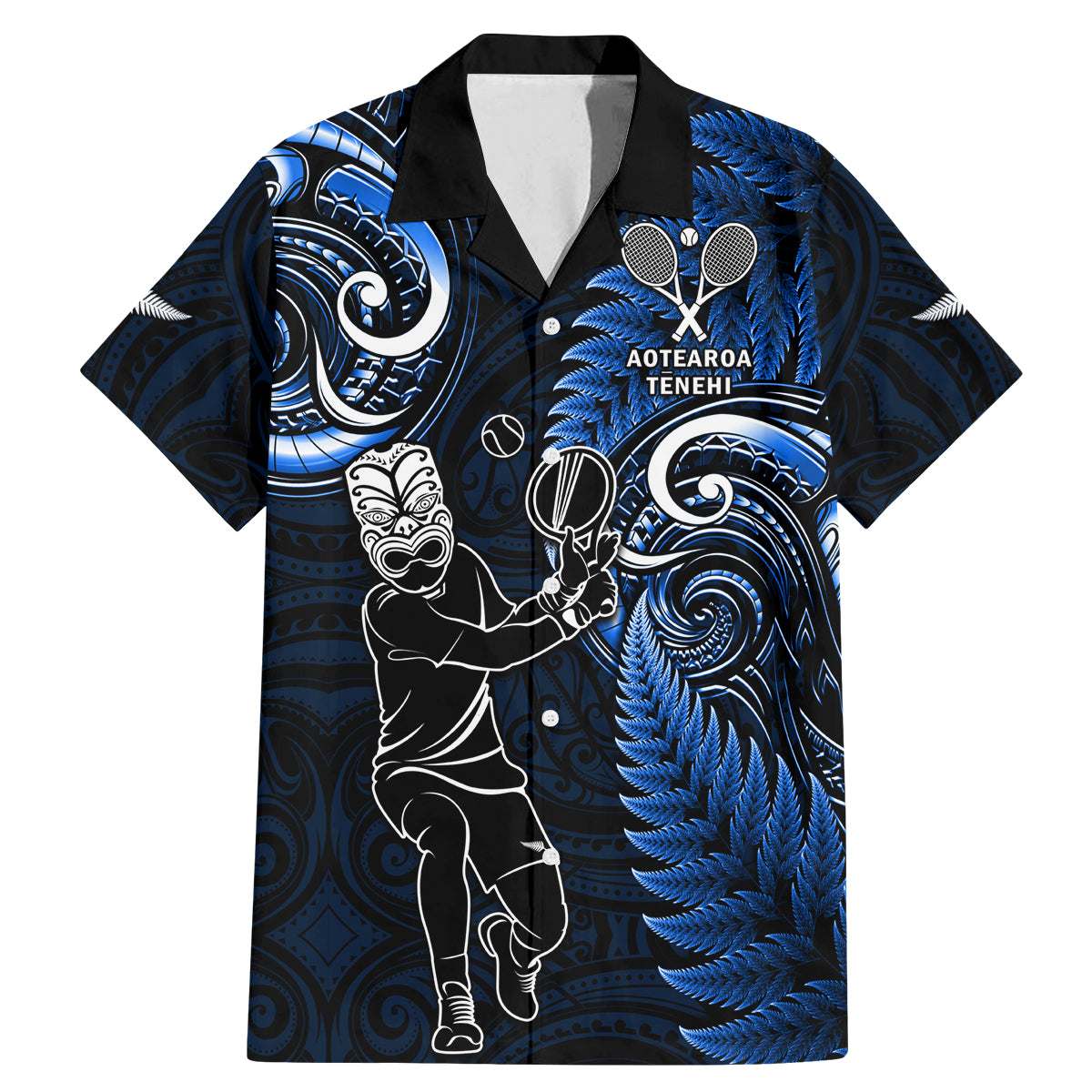 New Zealand Tiki Tennis Family Matching Mermaid Dress and Hawaiian Shirt 2024 Aotearoa Tenehi Maori Silver Fern - Blue