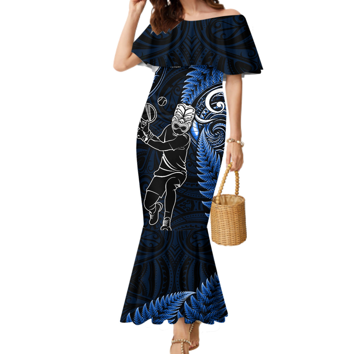 New Zealand Tiki Tennis Family Matching Mermaid Dress and Hawaiian Shirt 2024 Aotearoa Tenehi Maori Silver Fern - Blue