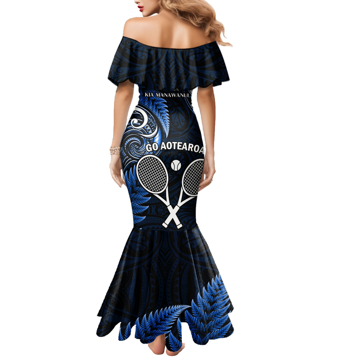 New Zealand Tiki Tennis Family Matching Mermaid Dress and Hawaiian Shirt 2024 Aotearoa Tenehi Maori Silver Fern - Blue