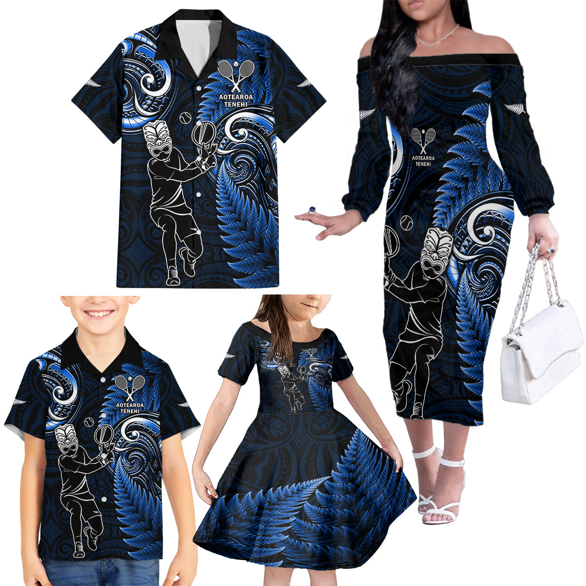 New Zealand Tiki Tennis Family Matching Off Shoulder Long Sleeve Dress and Hawaiian Shirt 2024 Aotearoa Tenehi Maori Silver Fern - Blue