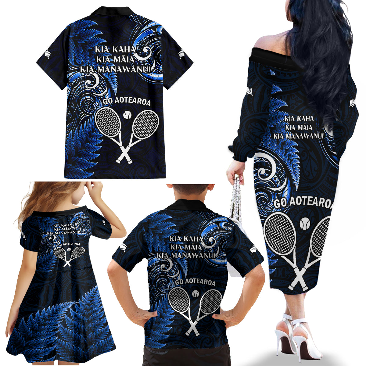 New Zealand Tiki Tennis Family Matching Off Shoulder Long Sleeve Dress and Hawaiian Shirt 2024 Aotearoa Tenehi Maori Silver Fern - Blue