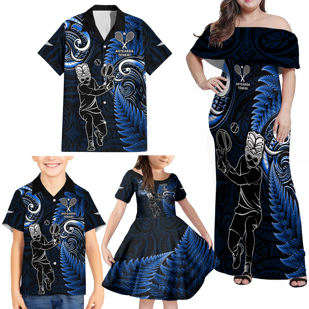 New Zealand Tiki Tennis Family Matching Off Shoulder Maxi Dress and Hawaiian Shirt 2024 Aotearoa Tenehi Maori Silver Fern - Blue