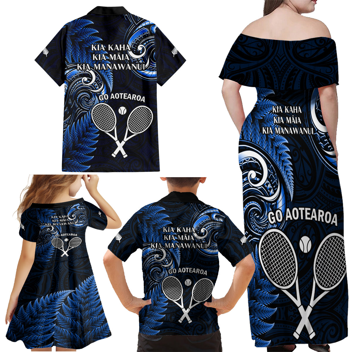 New Zealand Tiki Tennis Family Matching Off Shoulder Maxi Dress and Hawaiian Shirt 2024 Aotearoa Tenehi Maori Silver Fern - Blue