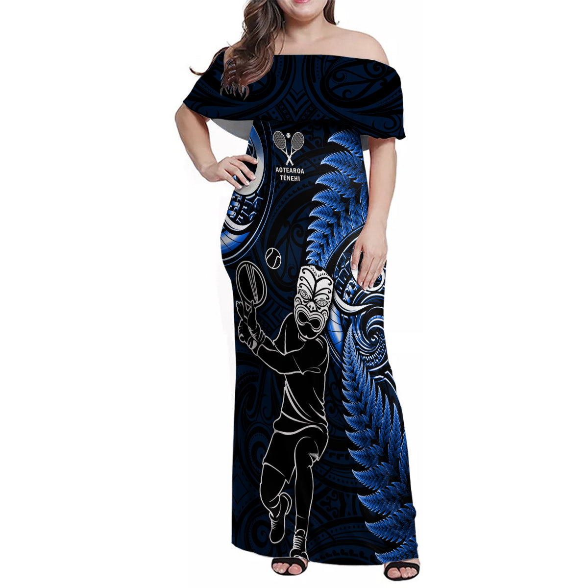 New Zealand Tiki Tennis Family Matching Off Shoulder Maxi Dress and Hawaiian Shirt 2024 Aotearoa Tenehi Maori Silver Fern - Blue