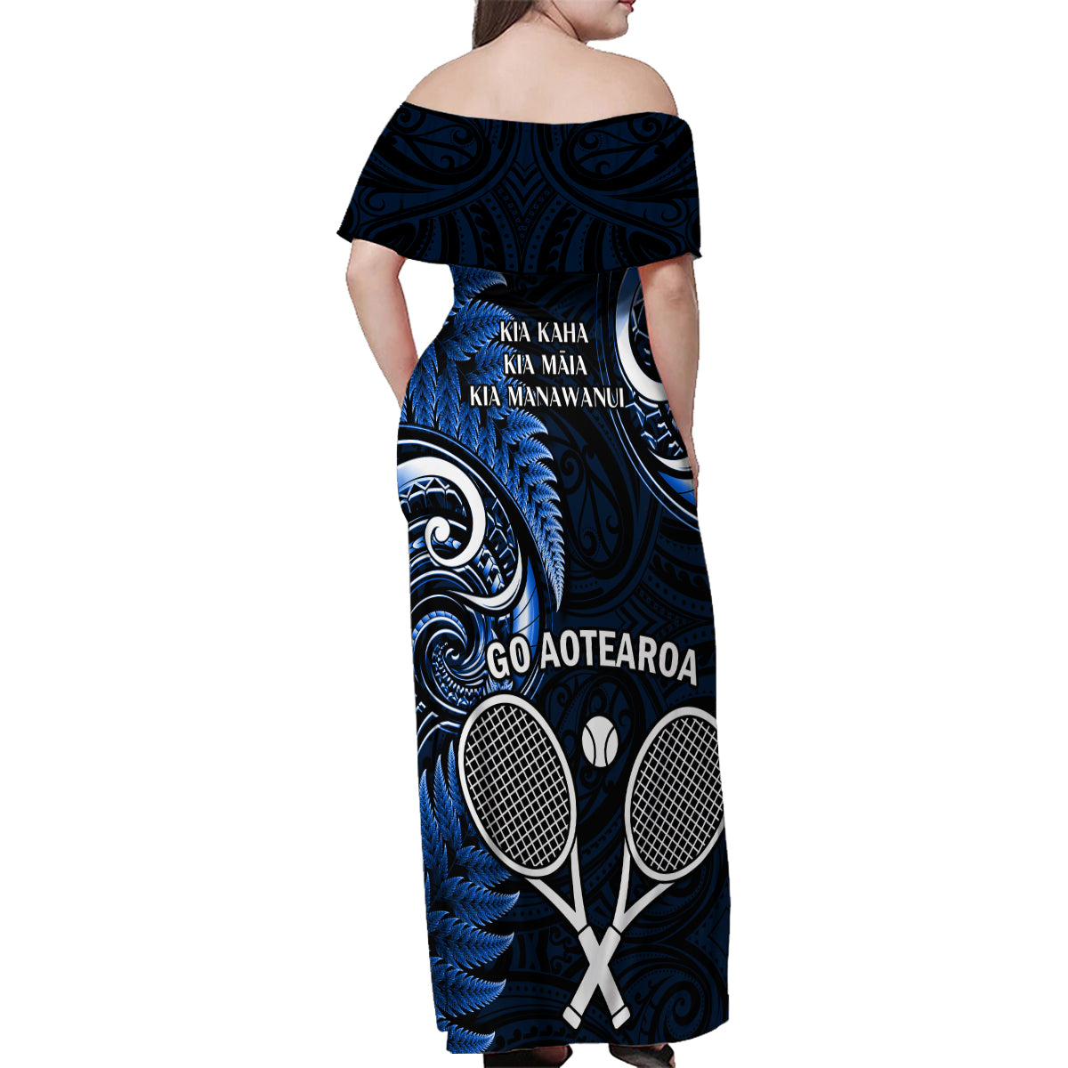 New Zealand Tiki Tennis Family Matching Off Shoulder Maxi Dress and Hawaiian Shirt 2024 Aotearoa Tenehi Maori Silver Fern - Blue