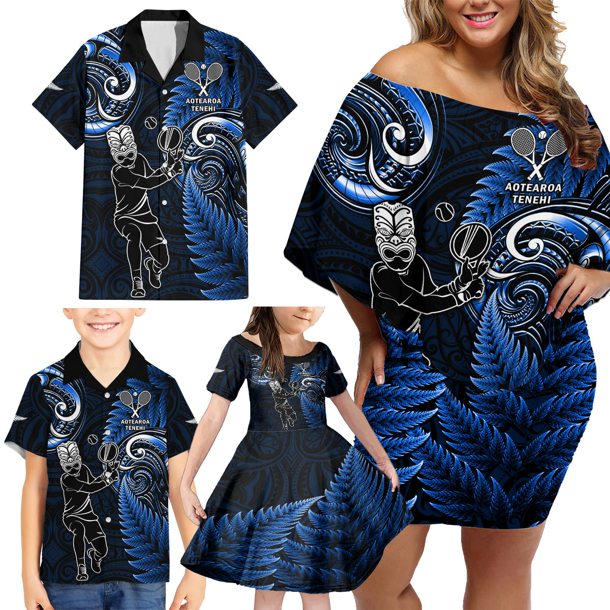 New Zealand Tiki Tennis Family Matching Off Shoulder Short Dress and Hawaiian Shirt 2024 Aotearoa Tenehi Maori Silver Fern - Blue