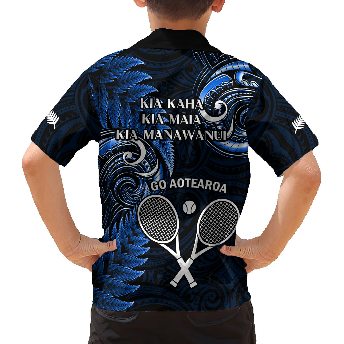 New Zealand Tiki Tennis Family Matching Off Shoulder Short Dress and Hawaiian Shirt 2024 Aotearoa Tenehi Maori Silver Fern - Blue