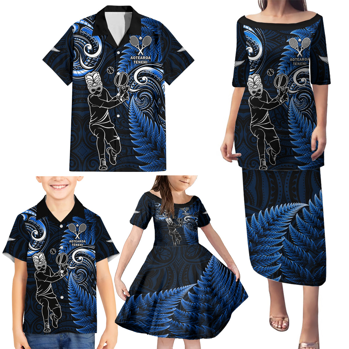 New Zealand Tiki Tennis Family Matching Puletasi and Hawaiian Shirt 2024 Aotearoa Tenehi Maori Silver Fern - Blue