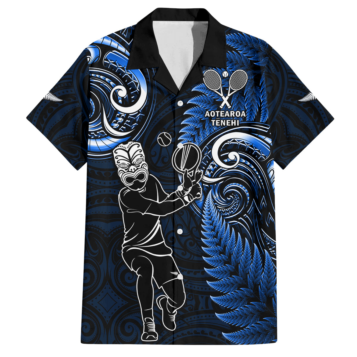 New Zealand Tiki Tennis Family Matching Puletasi and Hawaiian Shirt 2024 Aotearoa Tenehi Maori Silver Fern - Blue