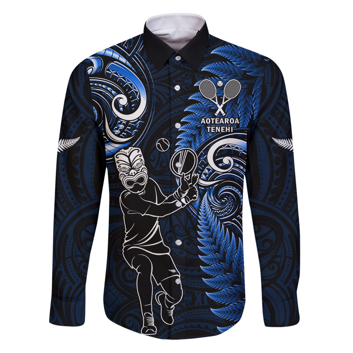 New Zealand Tiki Tennis Family Matching Puletasi and Hawaiian Shirt 2024 Aotearoa Tenehi Maori Silver Fern - Blue