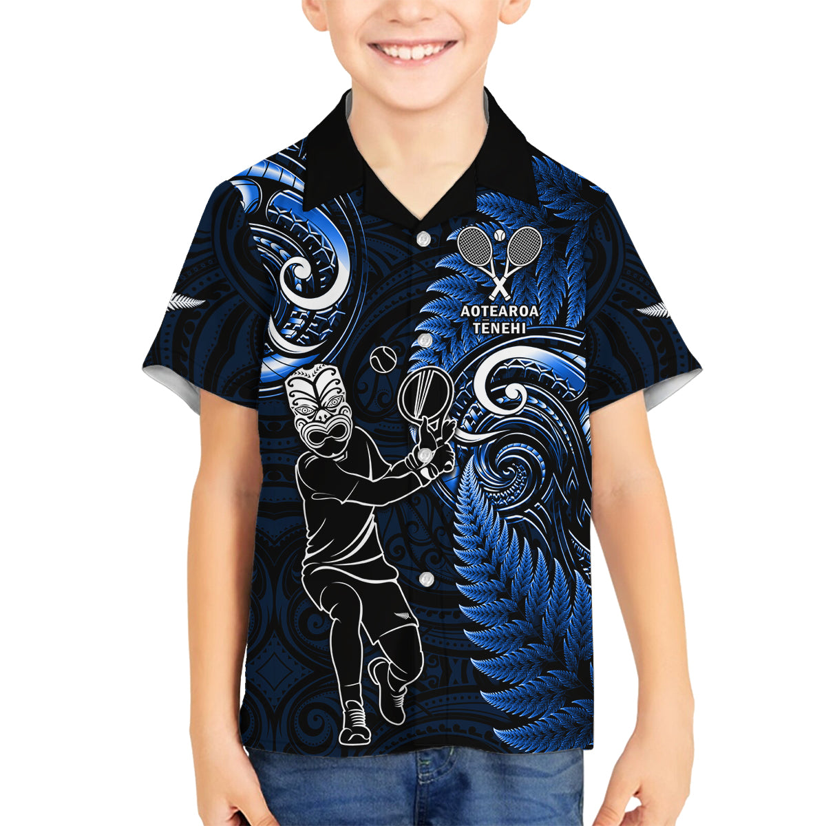 New Zealand Tiki Tennis Family Matching Puletasi and Hawaiian Shirt 2024 Aotearoa Tenehi Maori Silver Fern - Blue