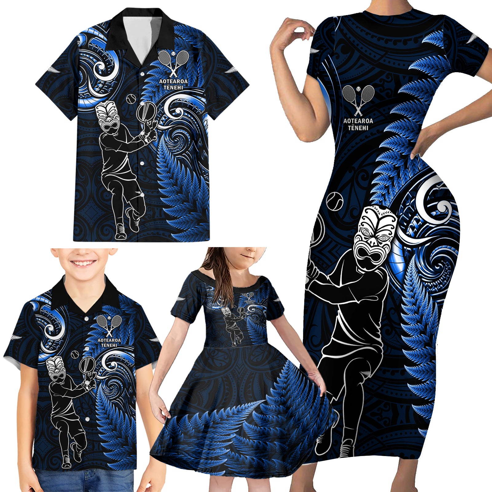 New Zealand Tiki Tennis Family Matching Short Sleeve Bodycon Dress and Hawaiian Shirt 2024 Aotearoa Tenehi Maori Silver Fern - Blue