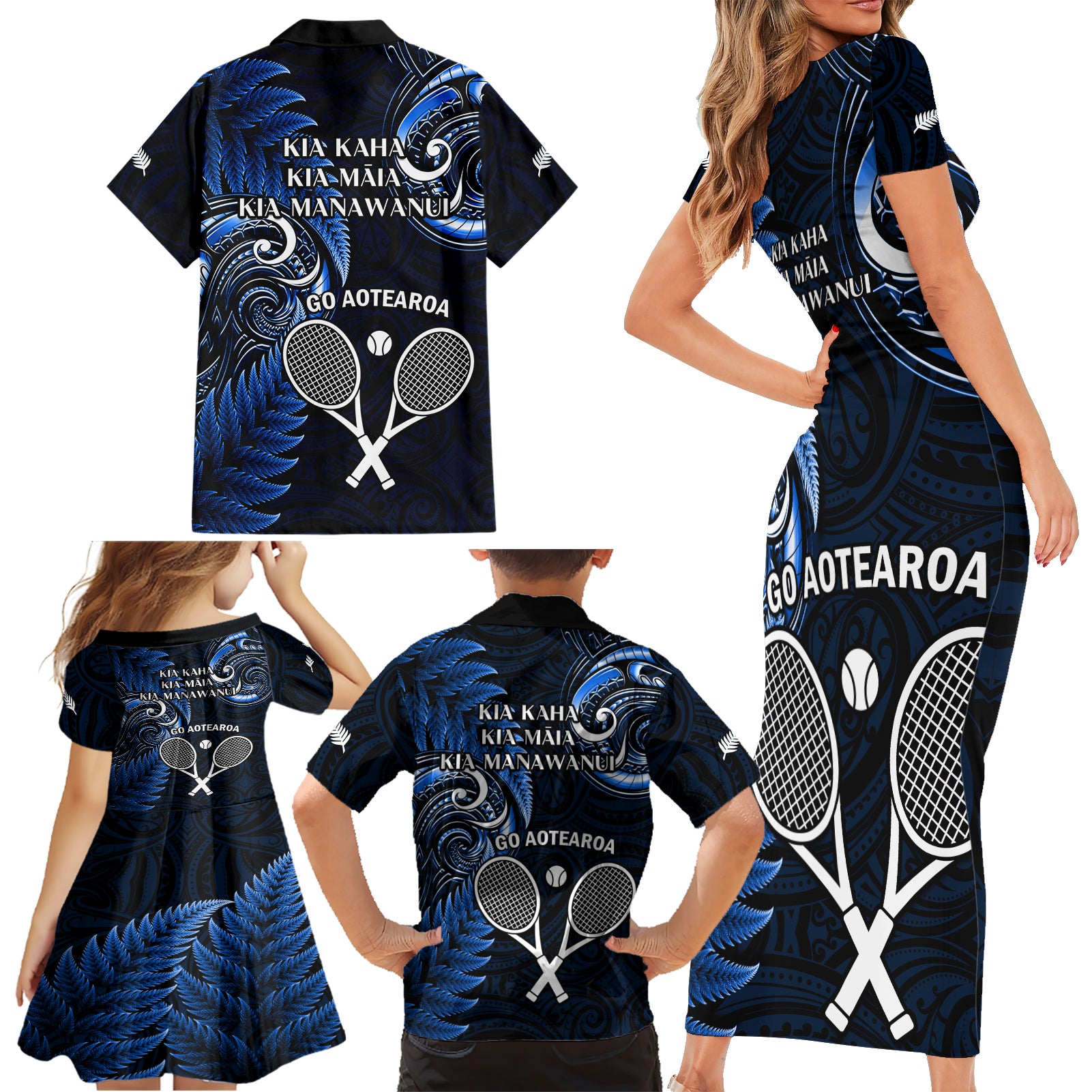 New Zealand Tiki Tennis Family Matching Short Sleeve Bodycon Dress and Hawaiian Shirt 2024 Aotearoa Tenehi Maori Silver Fern - Blue