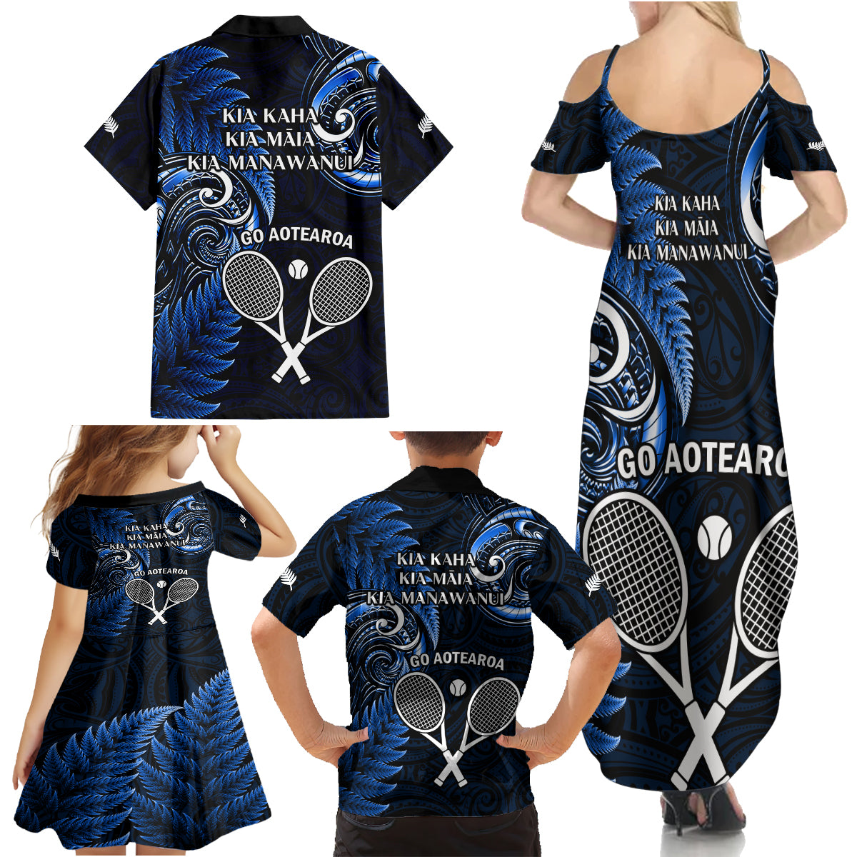 New Zealand Tiki Tennis Family Matching Summer Maxi Dress and Hawaiian Shirt 2024 Aotearoa Tenehi Maori Silver Fern - Blue