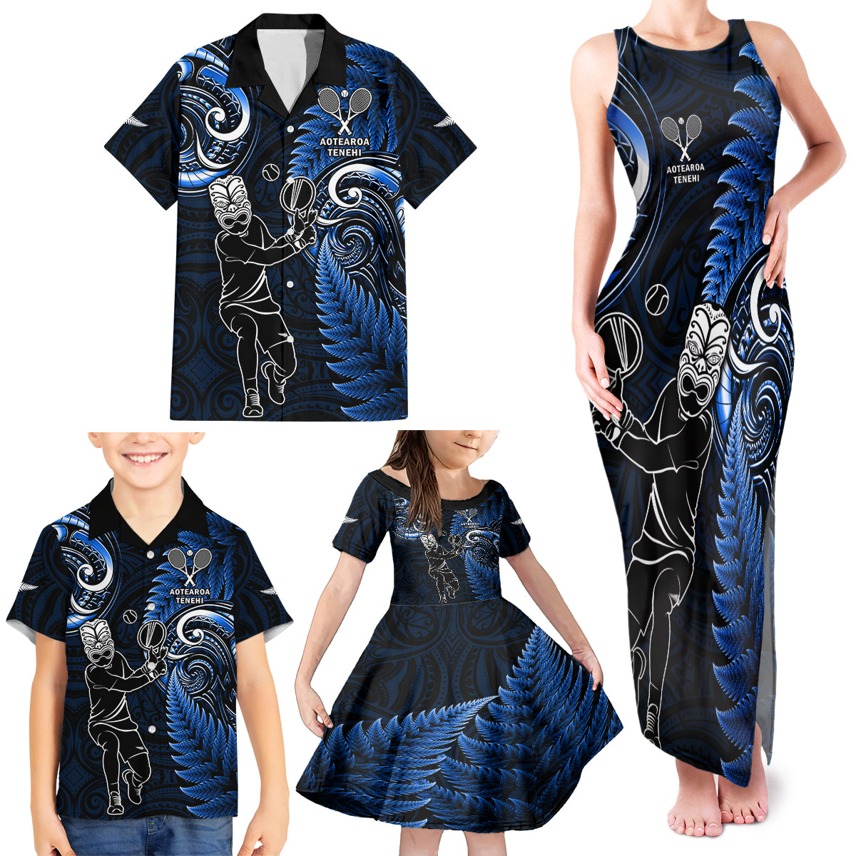 New Zealand Tiki Tennis Family Matching Tank Maxi Dress and Hawaiian Shirt 2024 Aotearoa Tenehi Maori Silver Fern - Blue