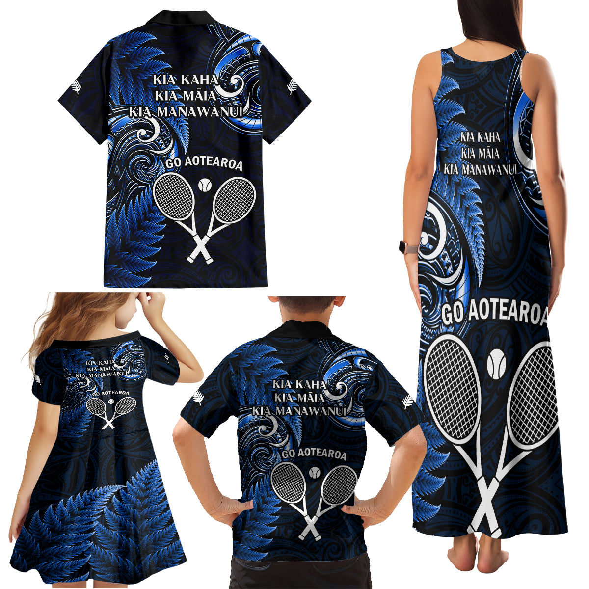 New Zealand Tiki Tennis Family Matching Tank Maxi Dress and Hawaiian Shirt 2024 Aotearoa Tenehi Maori Silver Fern - Blue