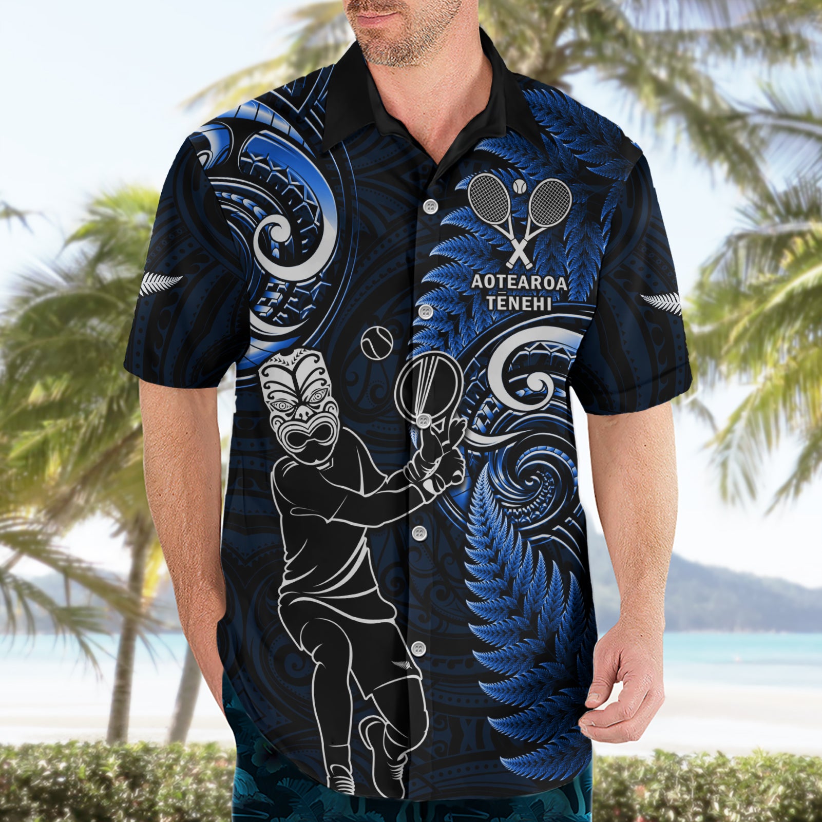 New Zealand Tiki Tennis Hawaiian Shirt 2024 Aotearoa Tenehi Maori Silver Fern - Blue - Vibe Hoodie Shop