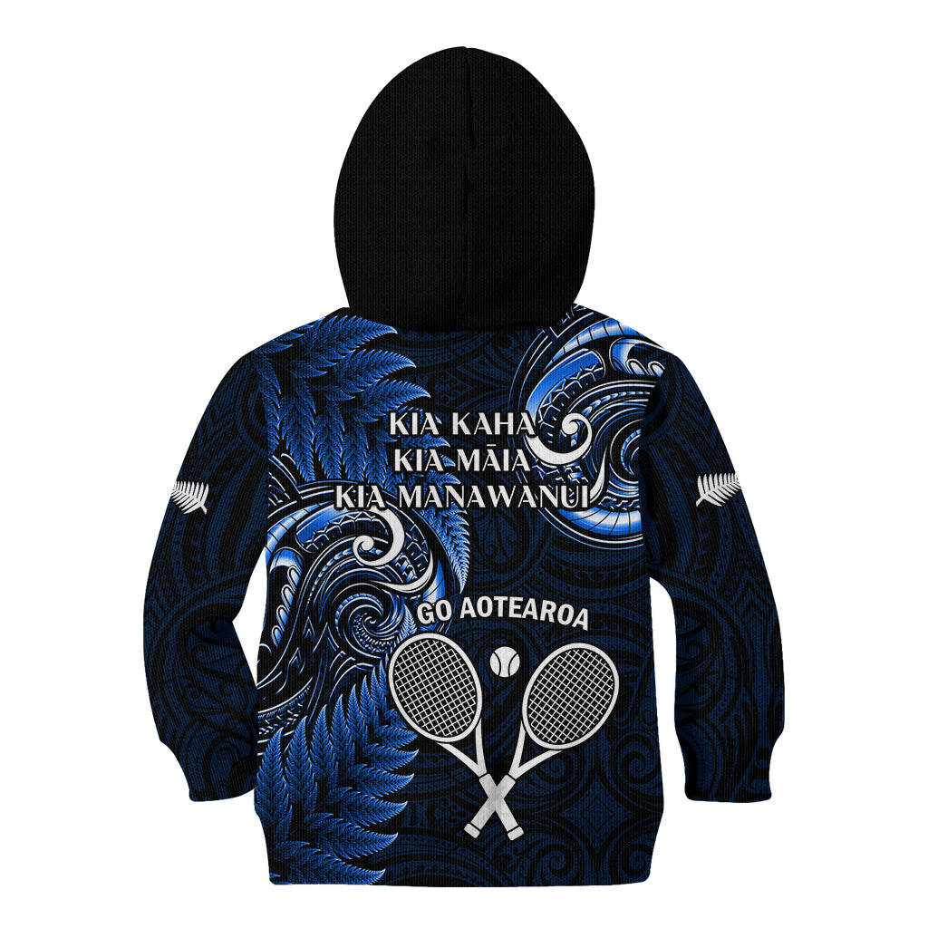 New Zealand Tiki Tennis Kid Hoodie 2024 Aotearoa Tenehi Maori Silver Fern - Blue - Vibe Hoodie Shop