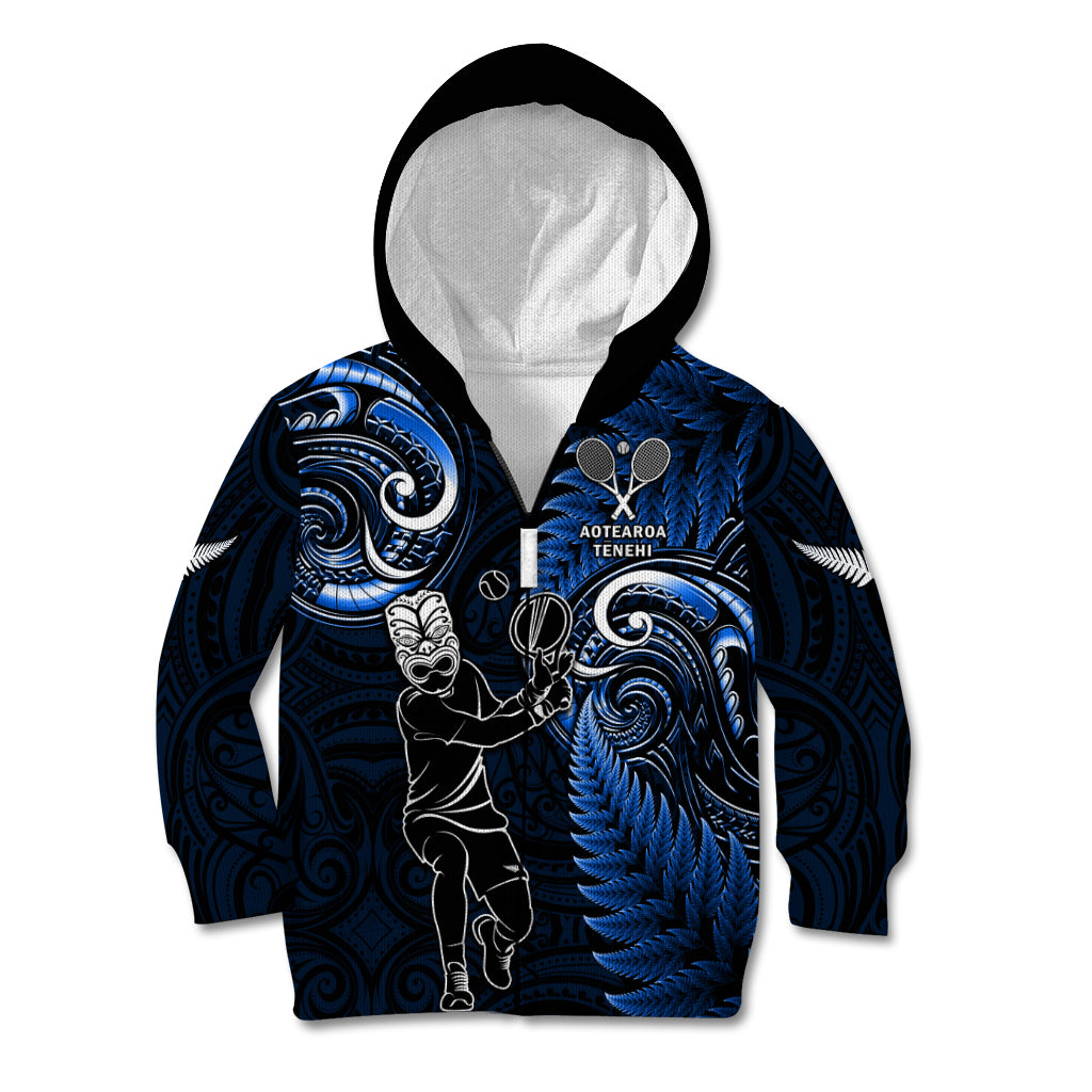 New Zealand Tiki Tennis Kid Hoodie 2024 Aotearoa Tenehi Maori Silver Fern - Blue - Vibe Hoodie Shop