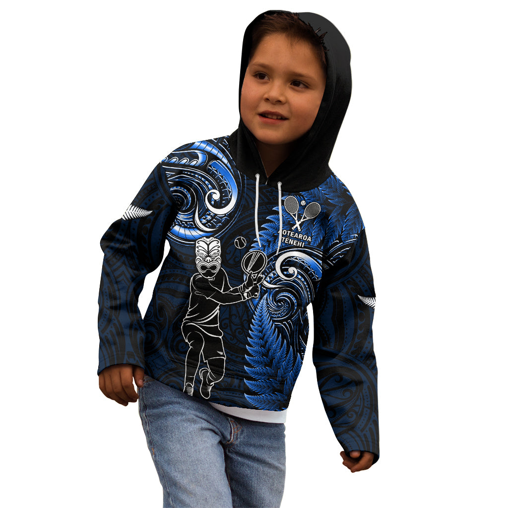 New Zealand Tiki Tennis Kid Hoodie 2024 Aotearoa Tenehi Maori Silver Fern - Blue - Vibe Hoodie Shop