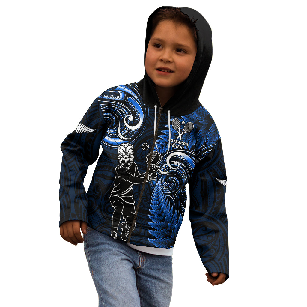 New Zealand Tiki Tennis Kid Hoodie 2024 Aotearoa Tenehi Maori Silver Fern - Blue - Vibe Hoodie Shop