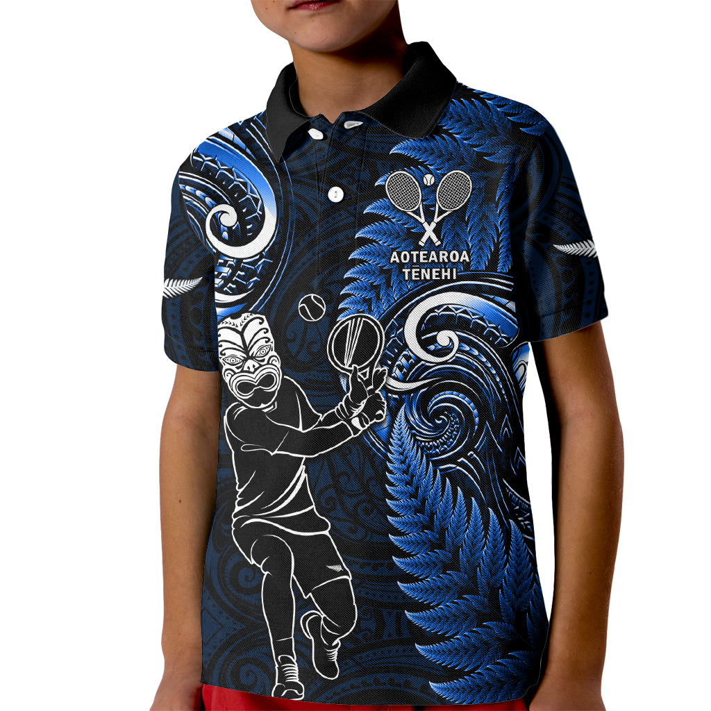 New Zealand Tiki Tennis Kid Polo Shirt 2024 Aotearoa Tenehi Maori Silver Fern - Blue - Vibe Hoodie Shop