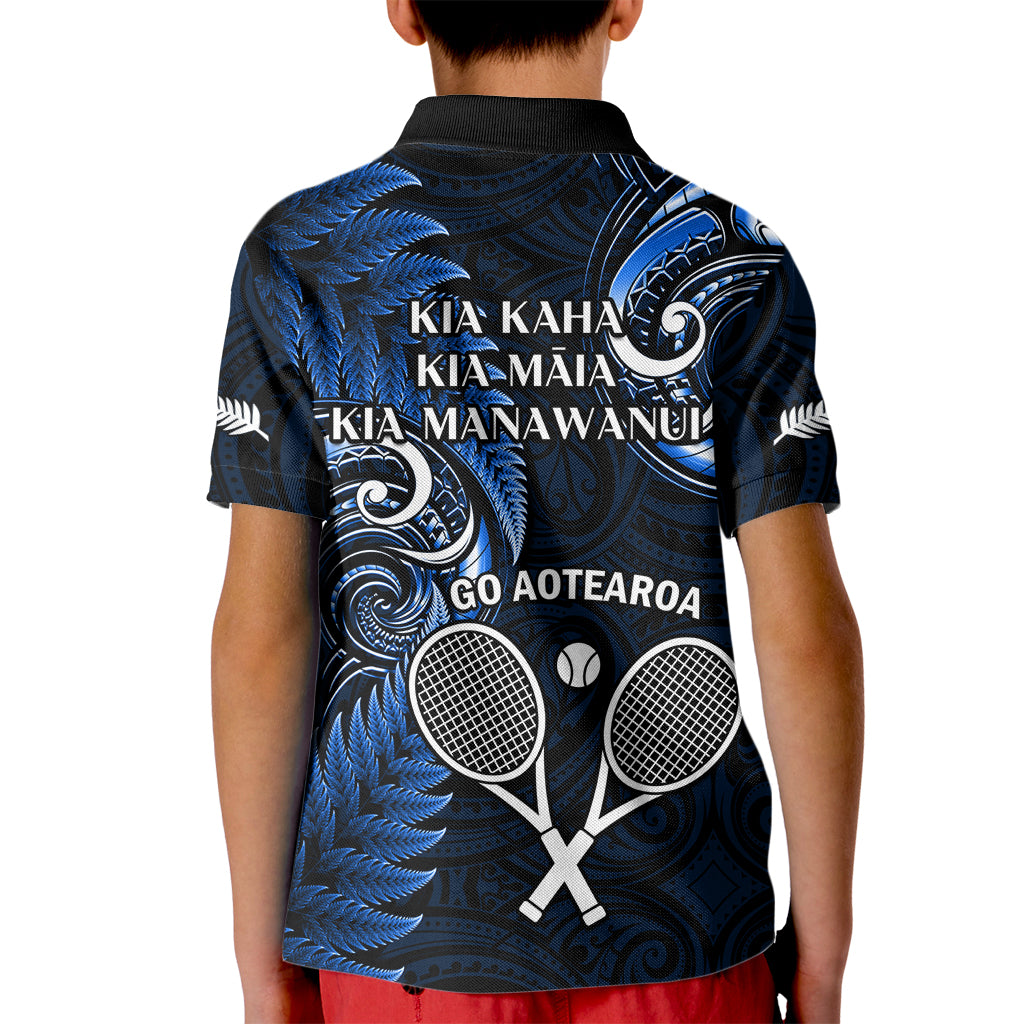 New Zealand Tiki Tennis Kid Polo Shirt 2024 Aotearoa Tenehi Maori Silver Fern - Blue - Vibe Hoodie Shop