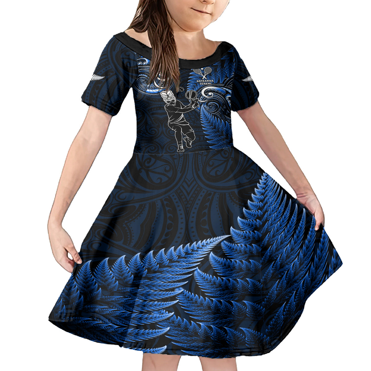 New Zealand Tiki Tennis Kid Short Sleeve Dress 2024 Aotearoa Tenehi Maori Silver Fern - Blue - Vibe Hoodie Shop