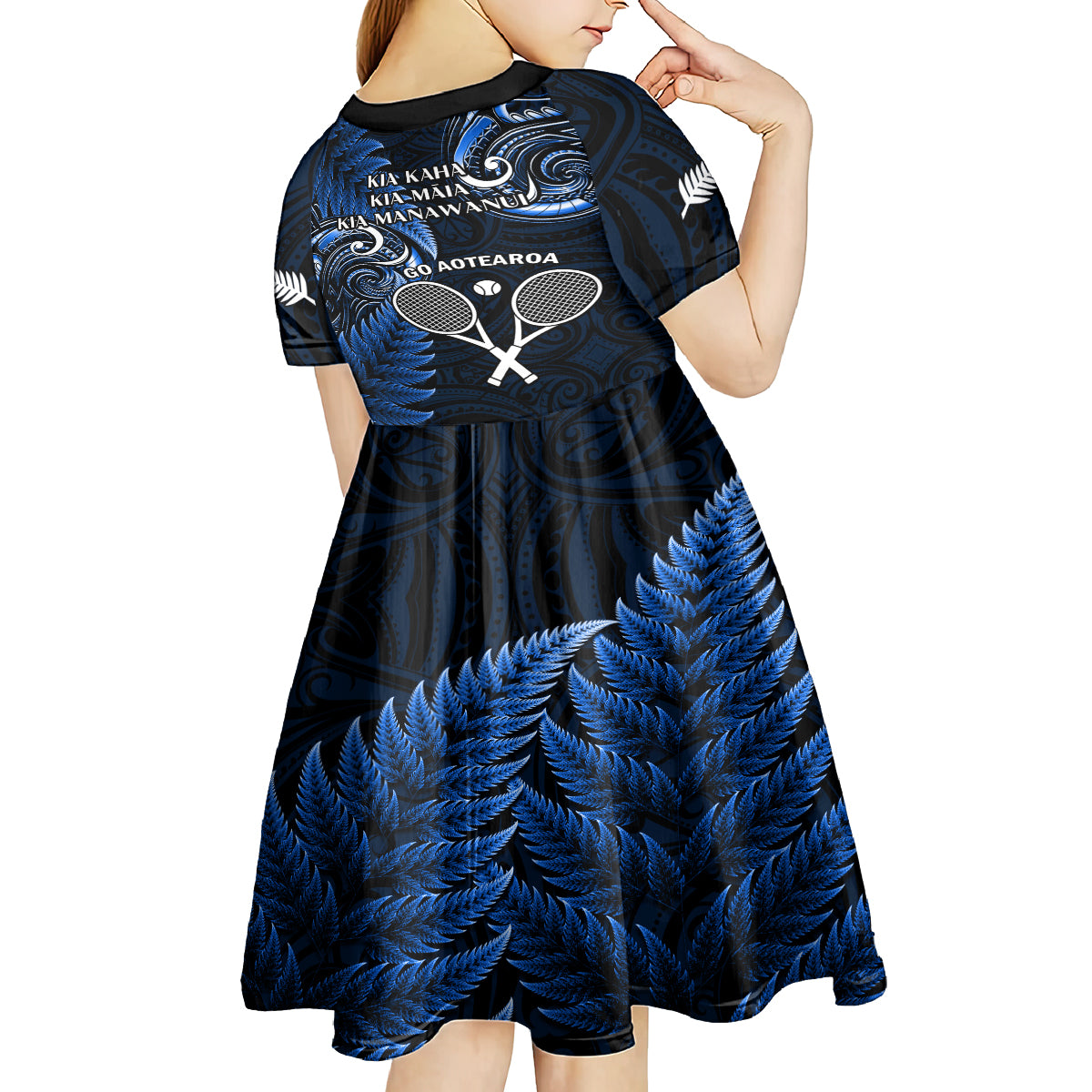 New Zealand Tiki Tennis Kid Short Sleeve Dress 2024 Aotearoa Tenehi Maori Silver Fern - Blue - Vibe Hoodie Shop