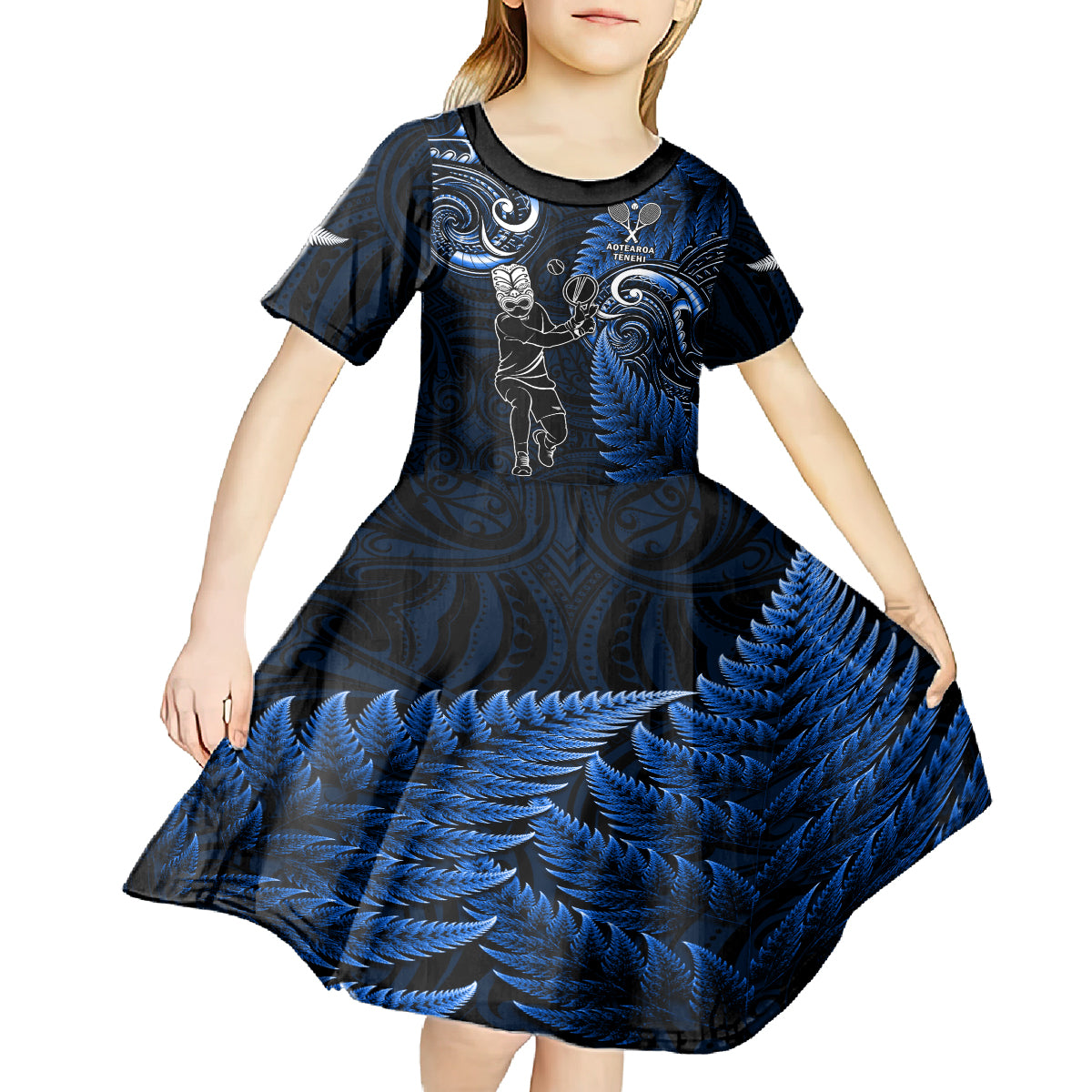 New Zealand Tiki Tennis Kid Short Sleeve Dress 2024 Aotearoa Tenehi Maori Silver Fern - Blue - Vibe Hoodie Shop