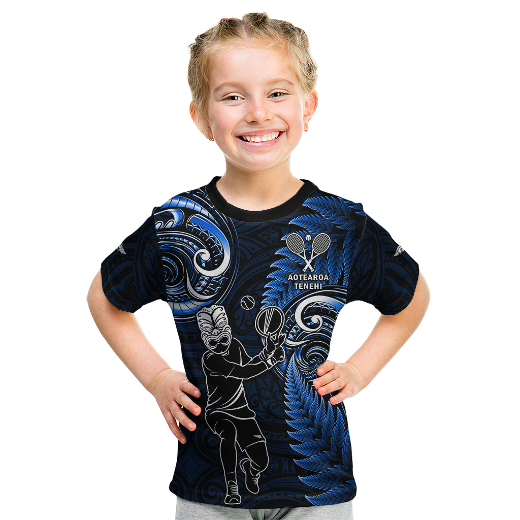 New Zealand Tiki Tennis Kid T Shirt 2024 Aotearoa Tenehi Maori Silver Fern - Blue - Vibe Hoodie Shop