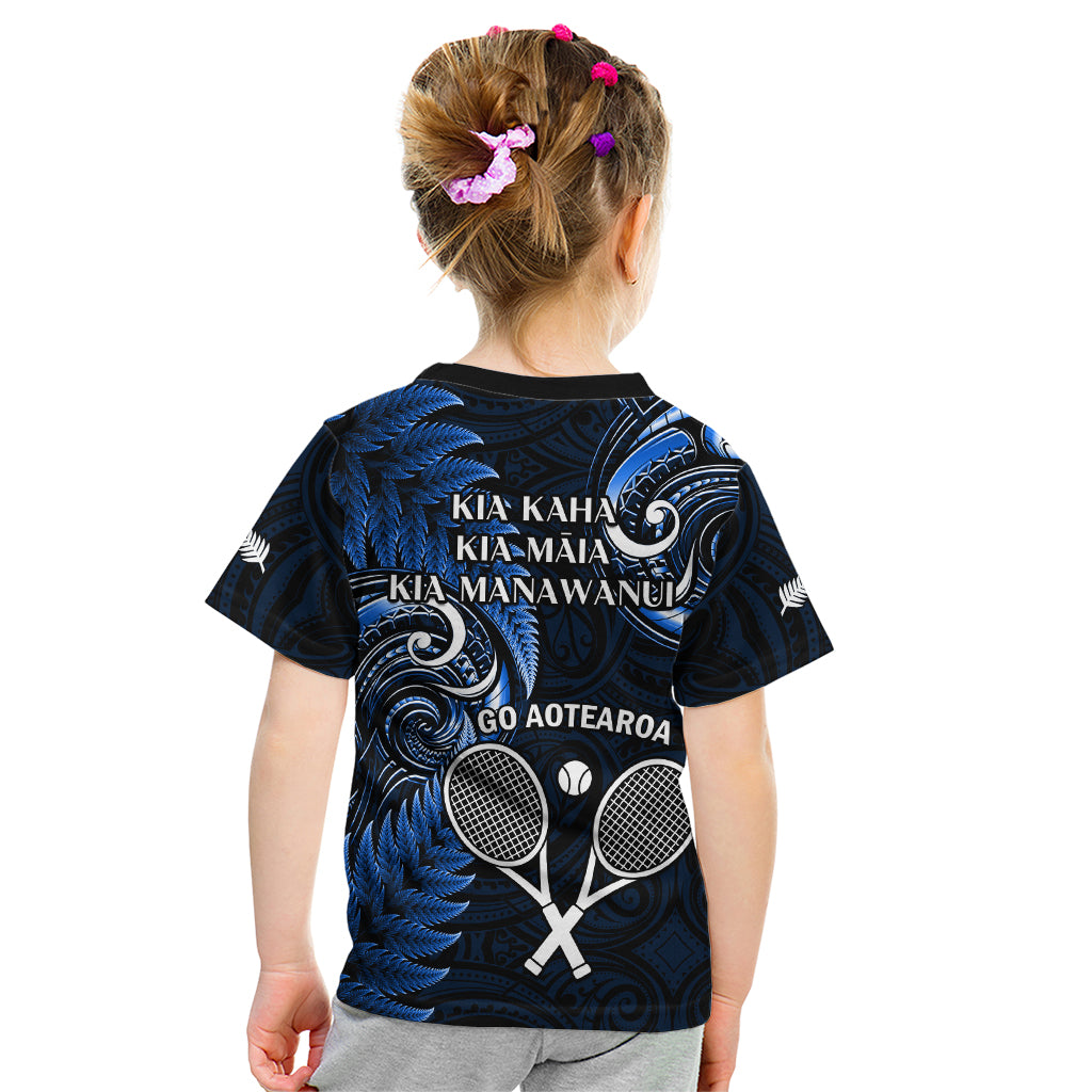 New Zealand Tiki Tennis Kid T Shirt 2024 Aotearoa Tenehi Maori Silver Fern - Blue - Vibe Hoodie Shop