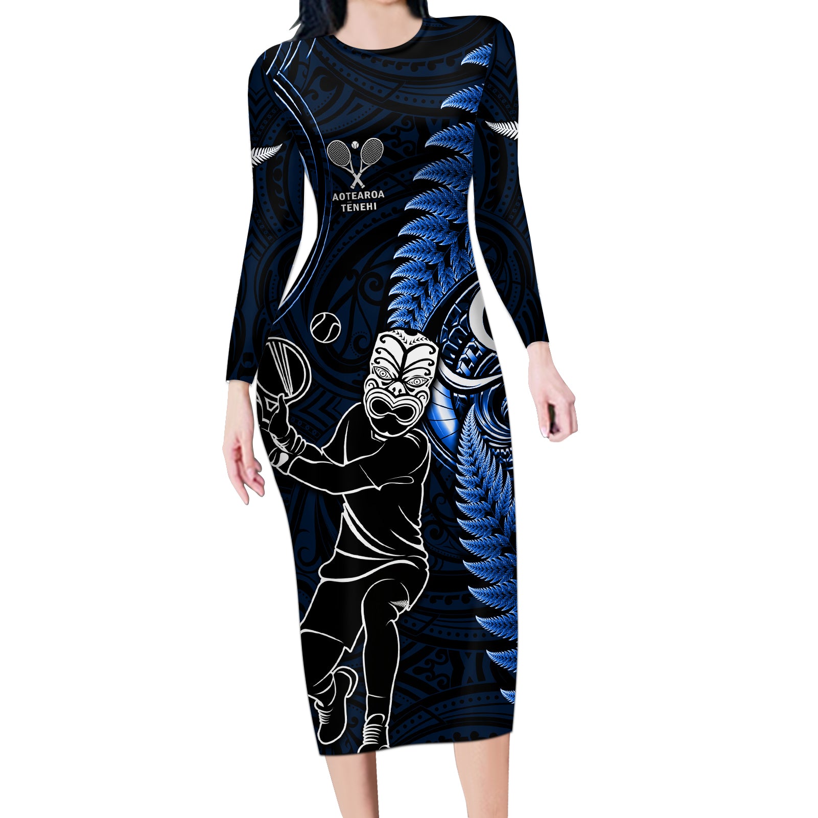 New Zealand Tiki Tennis Long Sleeve Bodycon Dress 2024 Aotearoa Tenehi Maori Silver Fern - Blue