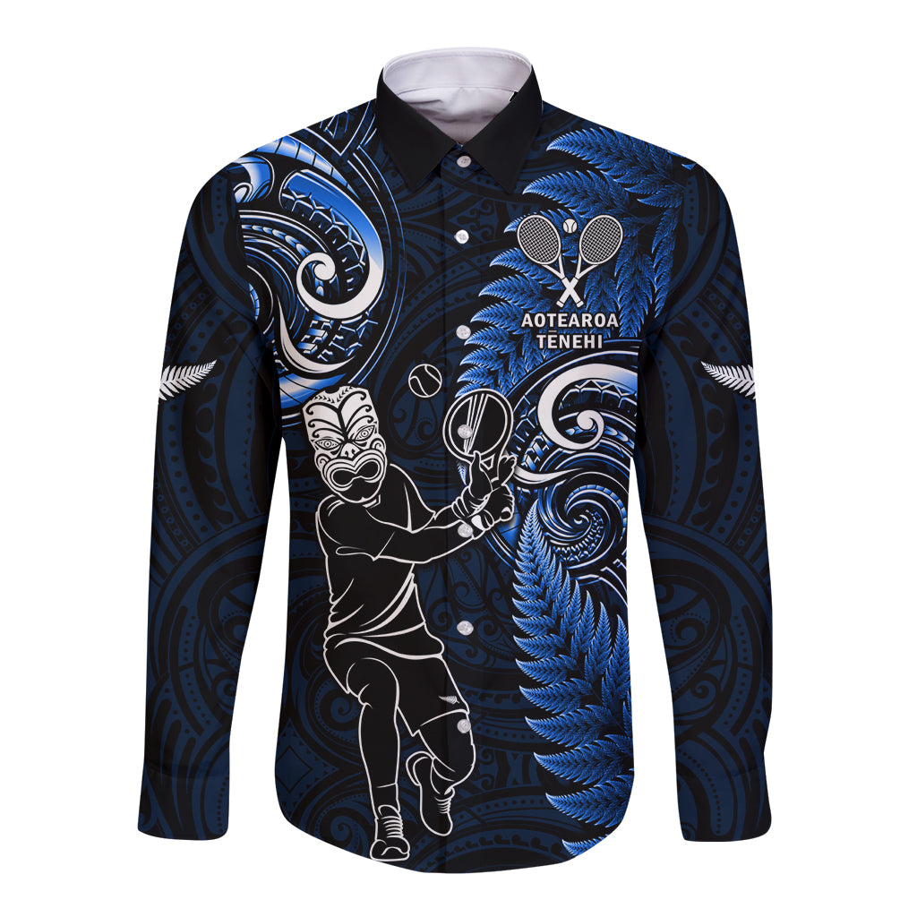 New Zealand Tiki Tennis Long Sleeve Button Shirt 2024 Aotearoa Tenehi Maori Silver Fern - Blue - Vibe Hoodie Shop