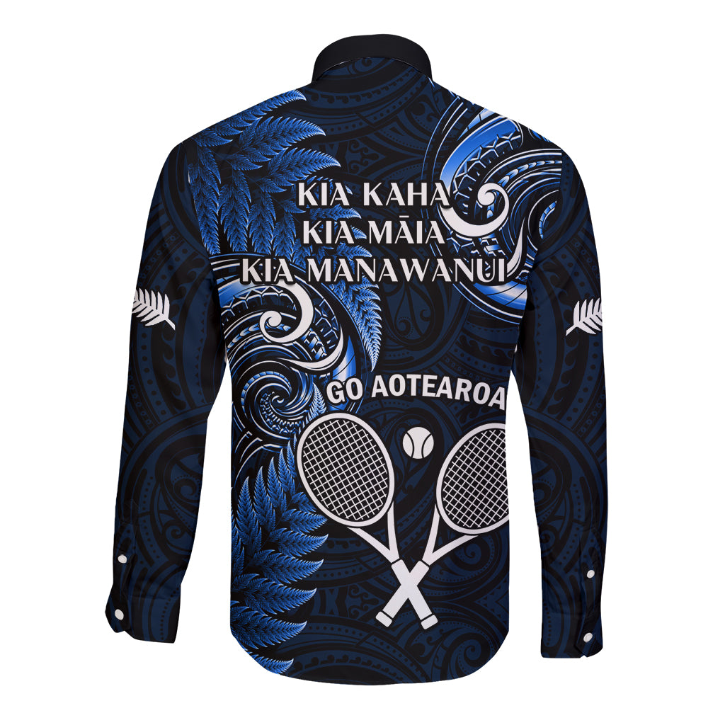 New Zealand Tiki Tennis Long Sleeve Button Shirt 2024 Aotearoa Tenehi Maori Silver Fern - Blue - Vibe Hoodie Shop