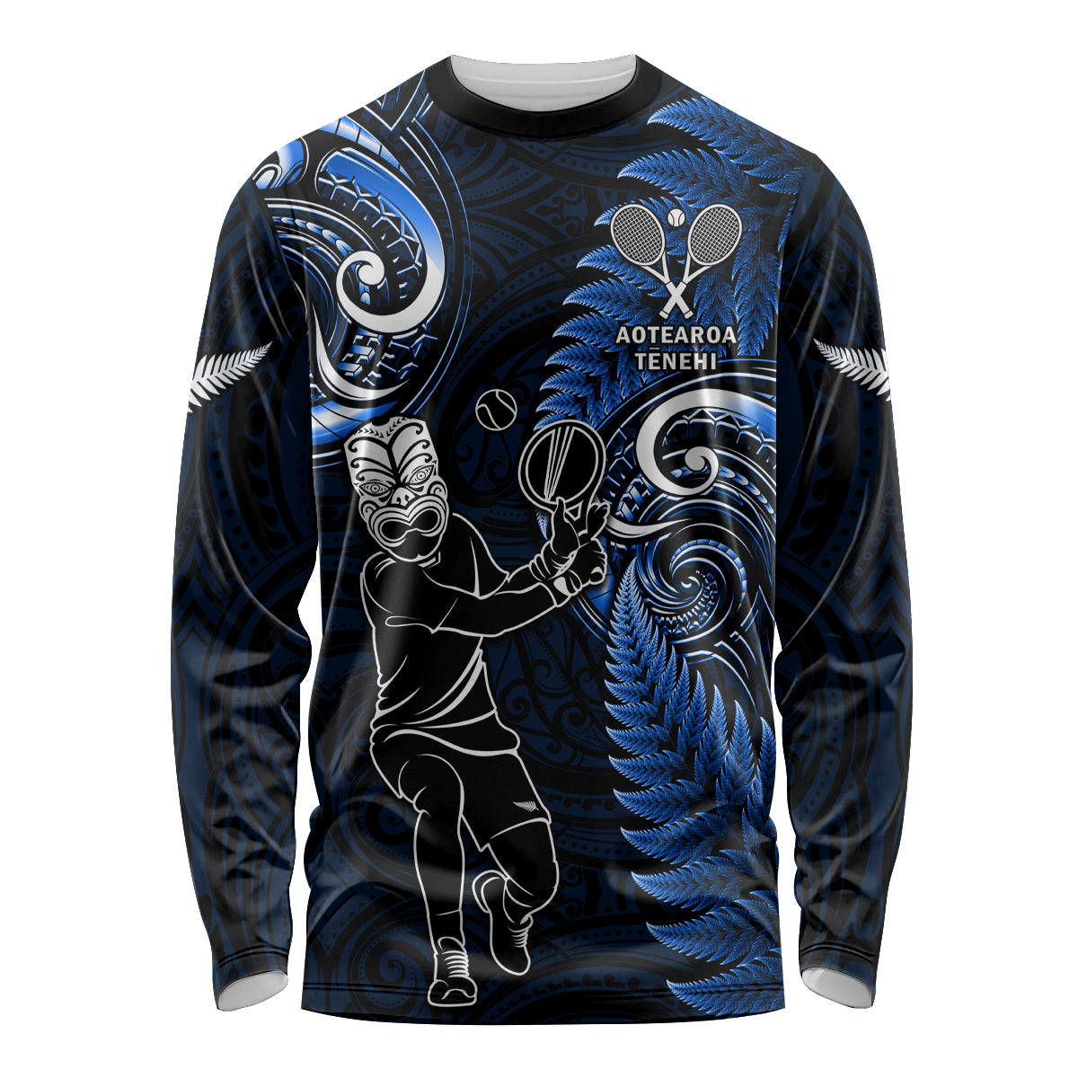 New Zealand Tiki Tennis Long Sleeve Shirt 2024 Aotearoa Tenehi Maori Silver Fern - Blue - Vibe Hoodie Shop